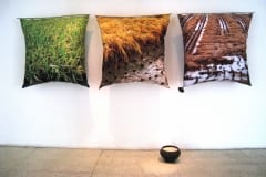 "HOMMAGE EMAKESELE RIISILE" installatsioon 2011  3 patja mõõdus 1m x1mx 30cm kangale trükitud Korea riisipõldude fotod,padjatäidis,bambuspulk,riis,metall<br /> "HOMMAGE to MOTHER RICE" installation 2011  3 pillows measures 1mx1mx30cm photos of rice fields in South Korea printed on cancas, pillowfill,bamboo,rice,metal